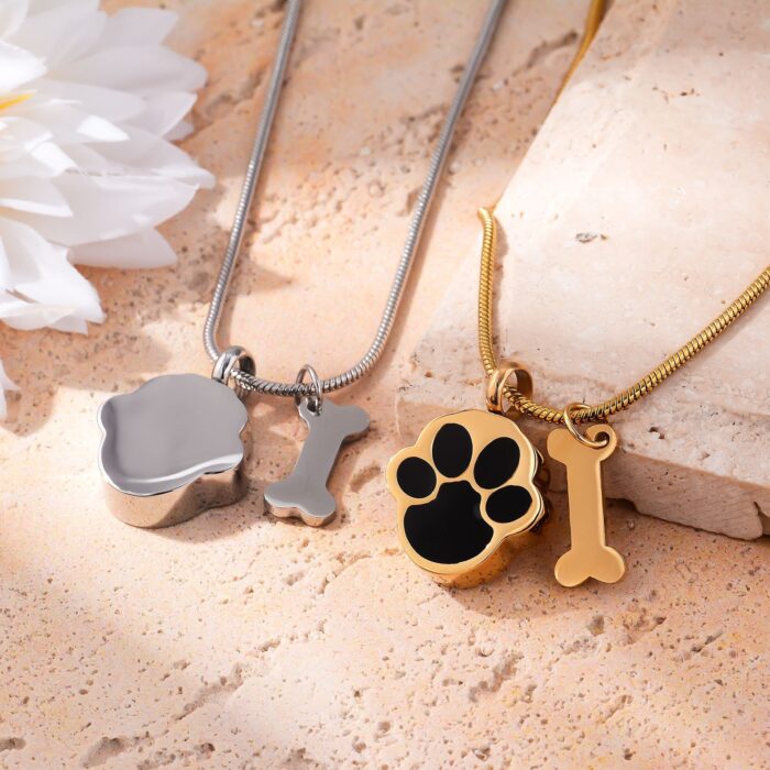 Cross-border bestseller stainless steel titanium steel necklace with paw print pendant, openable cremation urn keepsake, pet paw print necklace