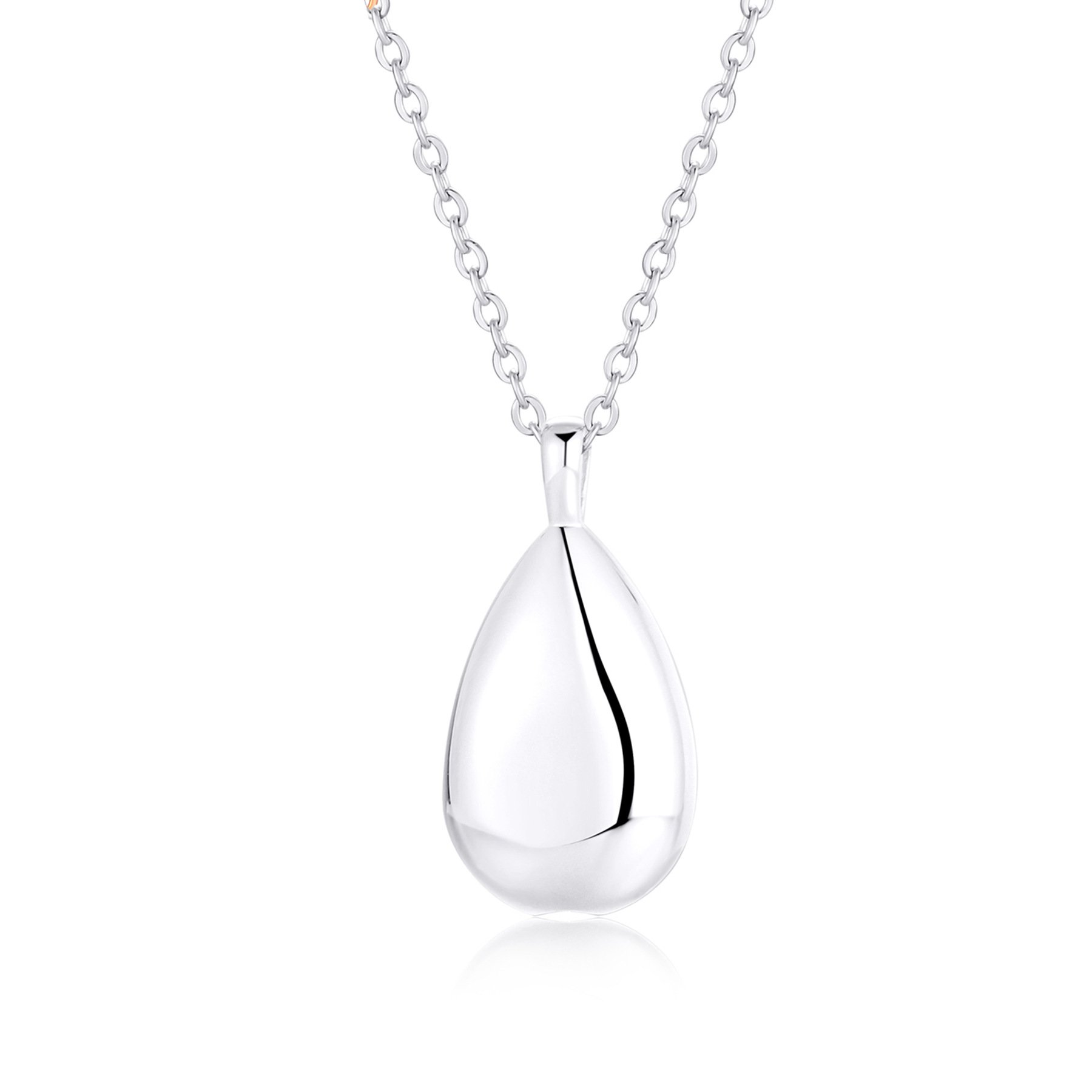 The silver teardrop pendant on its chain