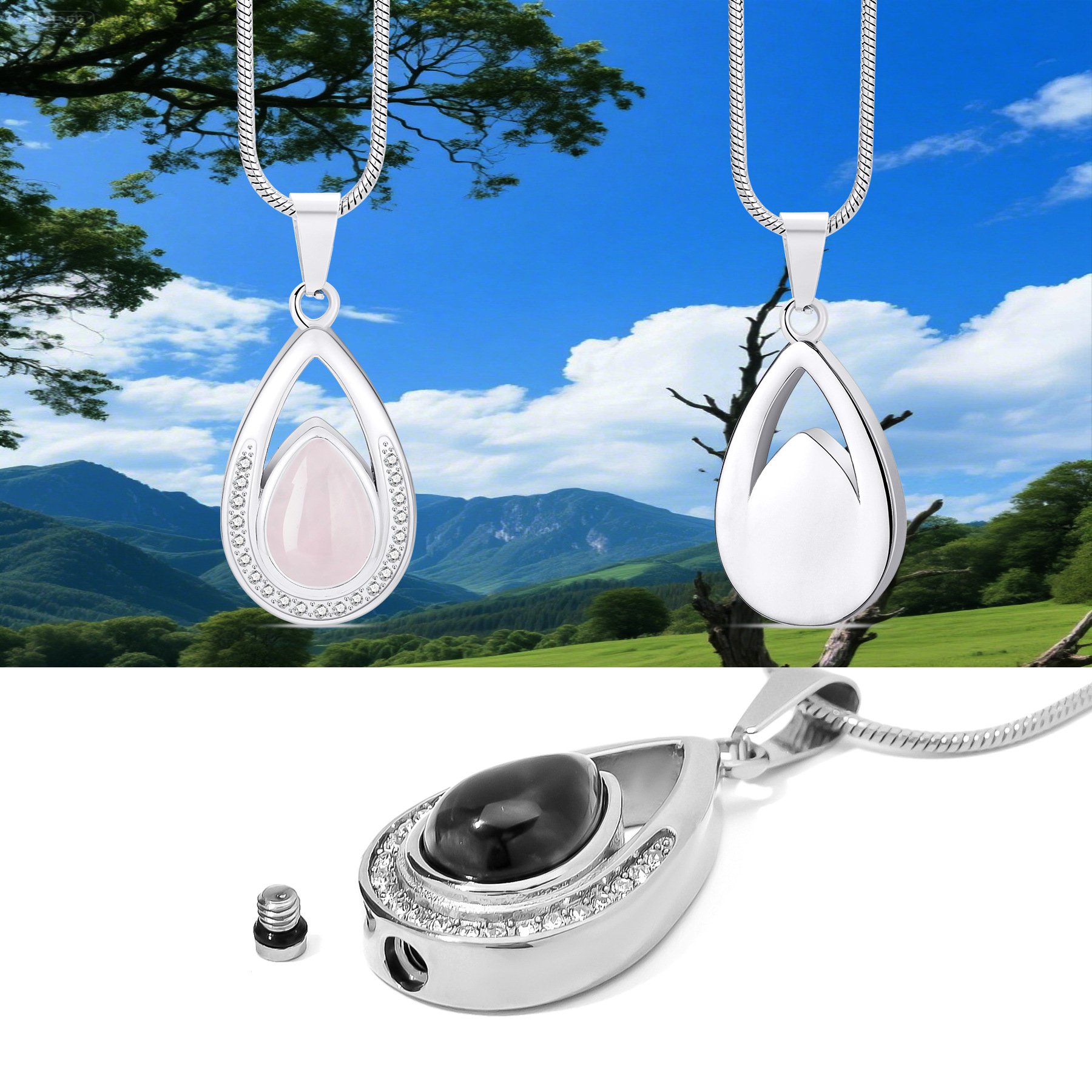 Openable stainless steel memorial urn pendant with natural stone inlay, base screw shown